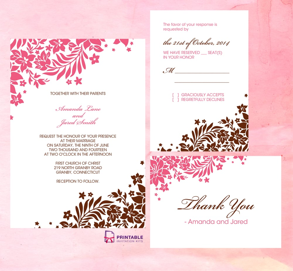 Pink And Brown Foliage Wedding Invitation Free Printable 