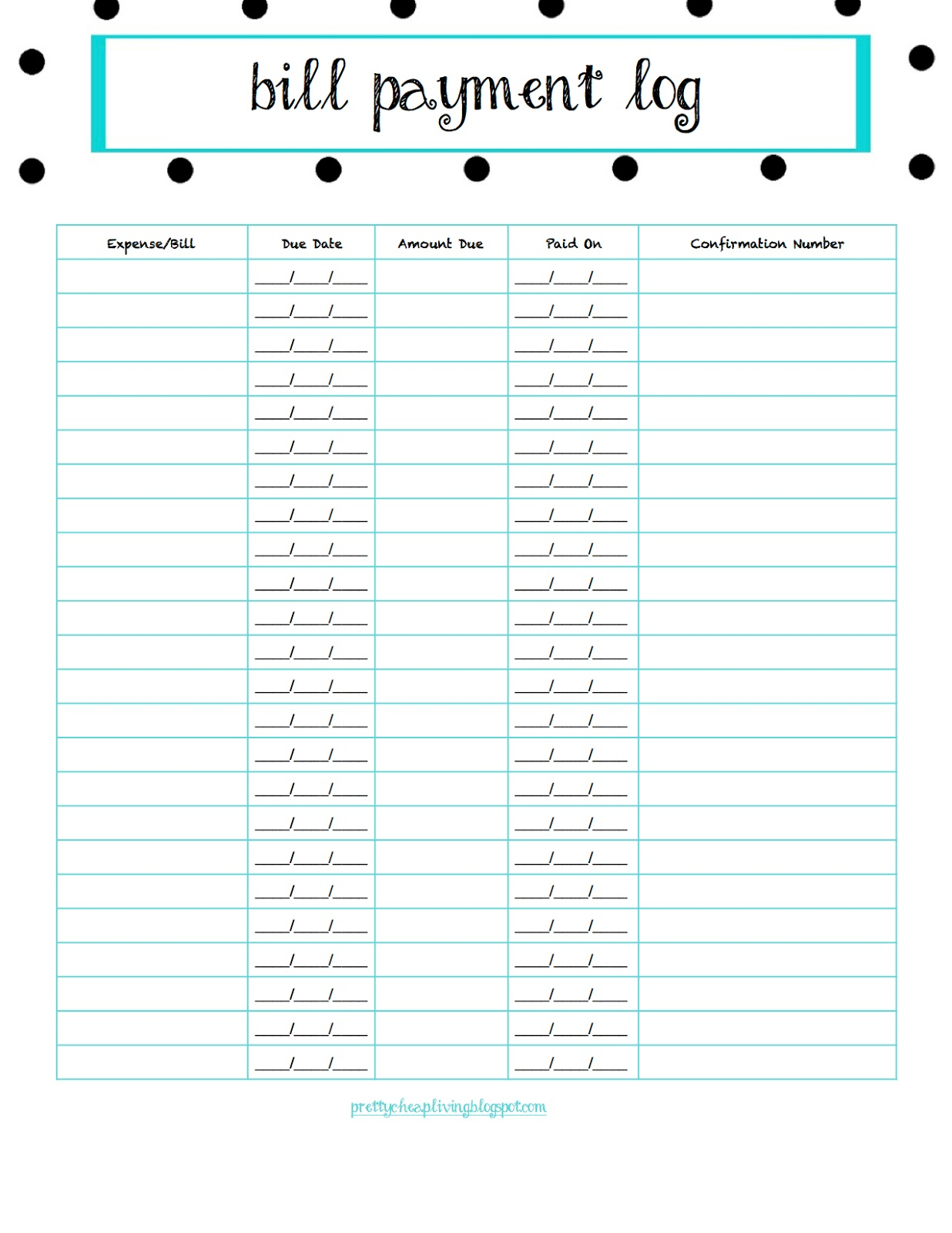 Pretty Cheap Living Bill Payment Log Free Printable