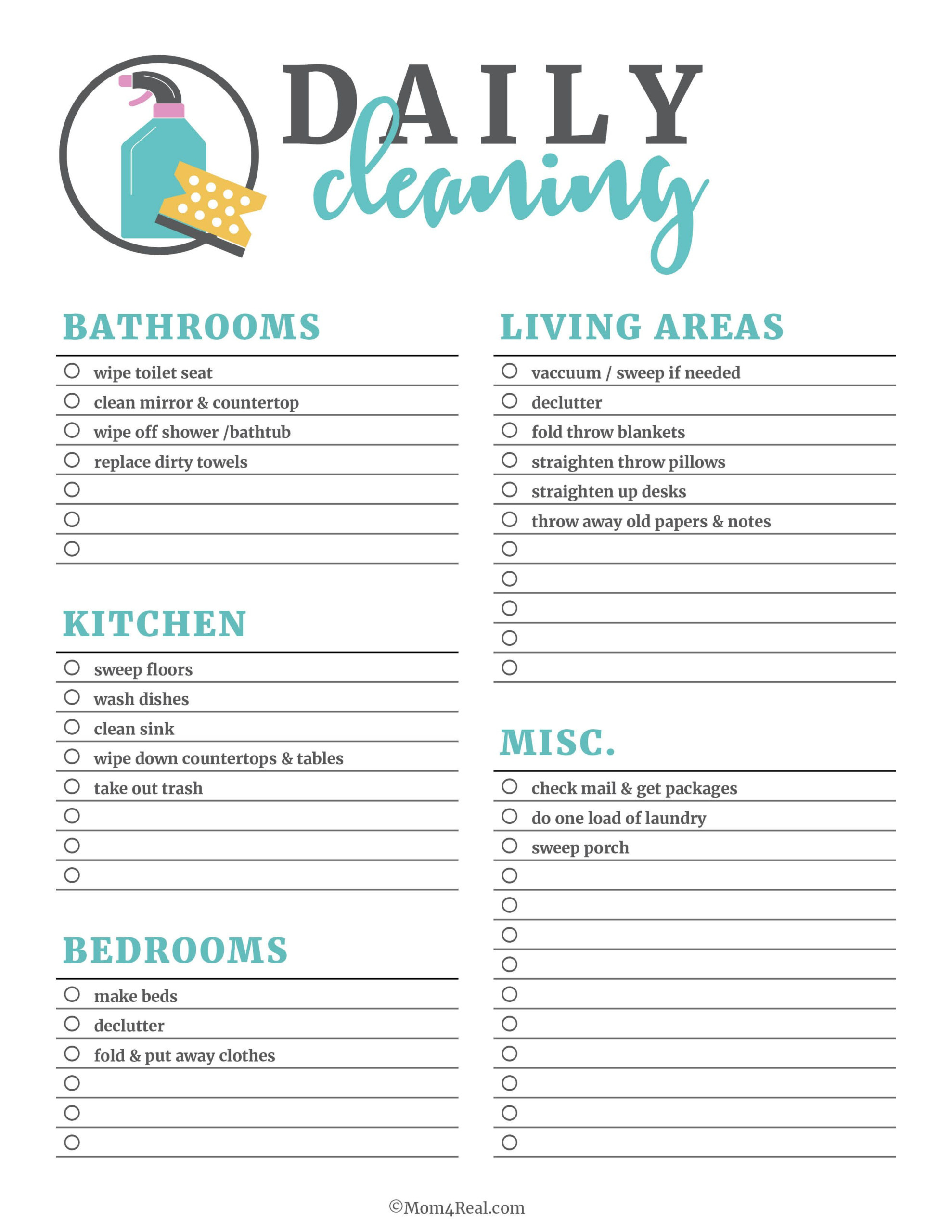 Printable Cleaning Checklists For Daily Weekly And 