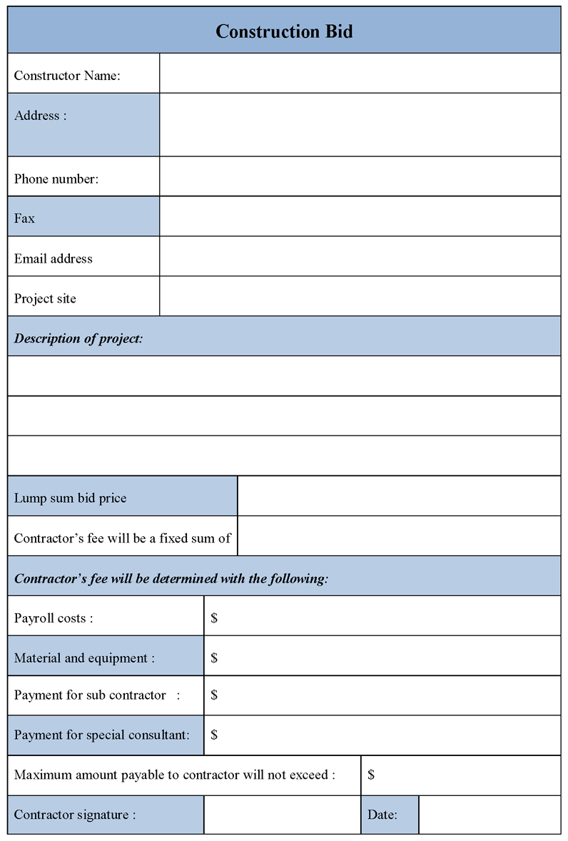 Printable Construction Bid Form Sampleprintable