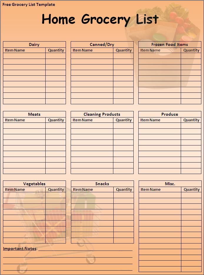 Printable Grocery List Free Word Templates