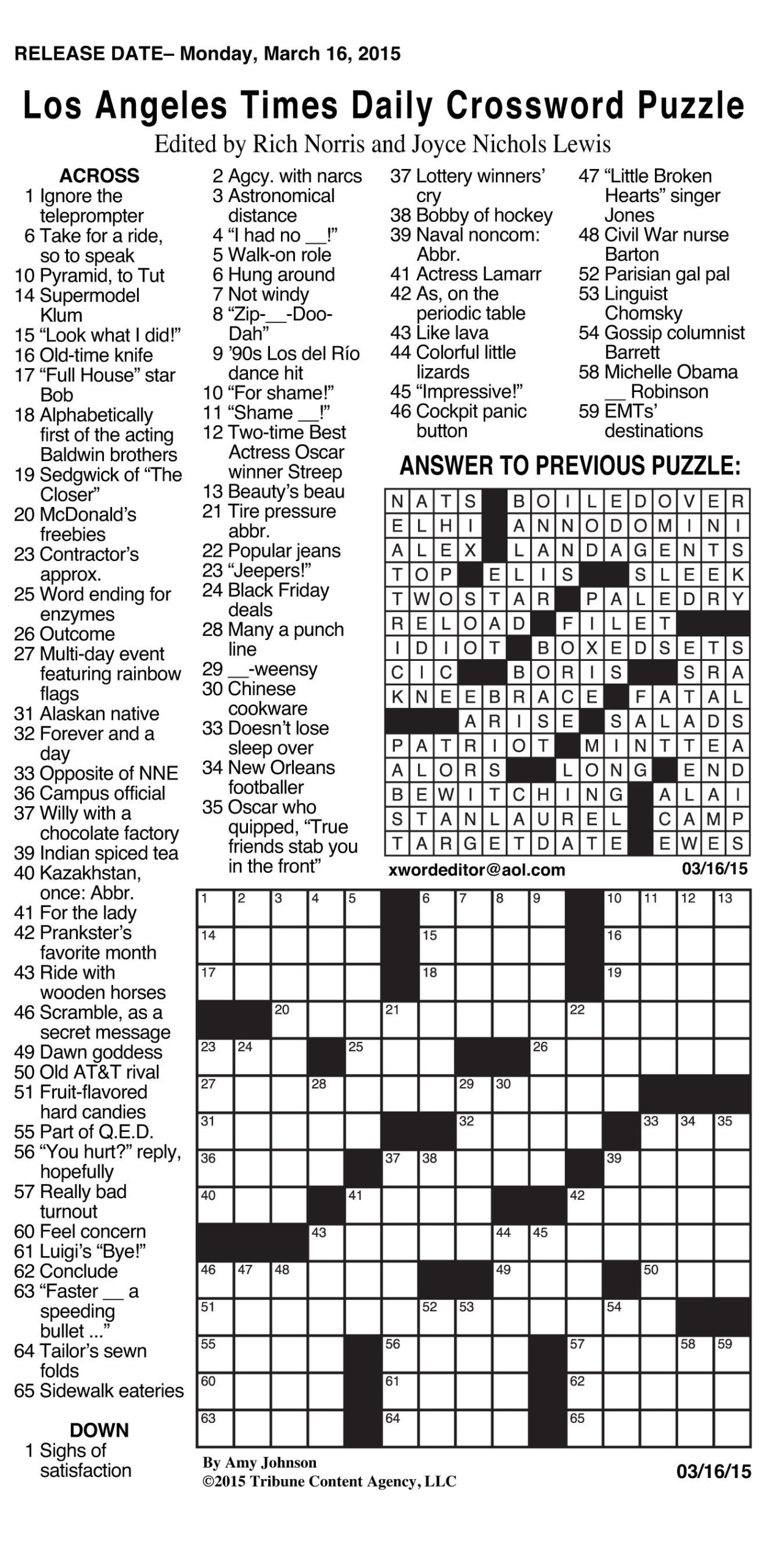 Printable La Times Crossword 2021 Printable Crossword 