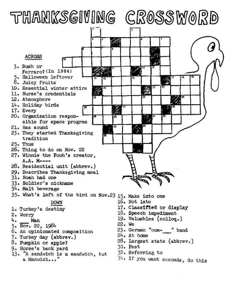 Printable Thanksgiving Crossword Puzzle