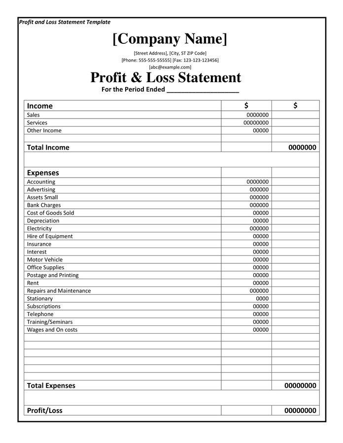 Profit And Loss Statement Template DOC PDF Page 1 Of 1 