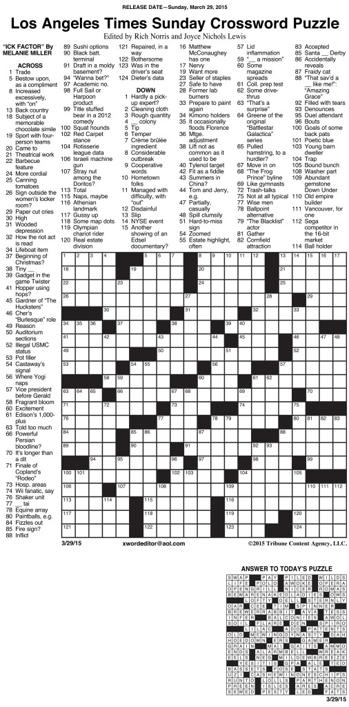 Sample Of Los Angeles Times Sunday Crossword Puzzle 