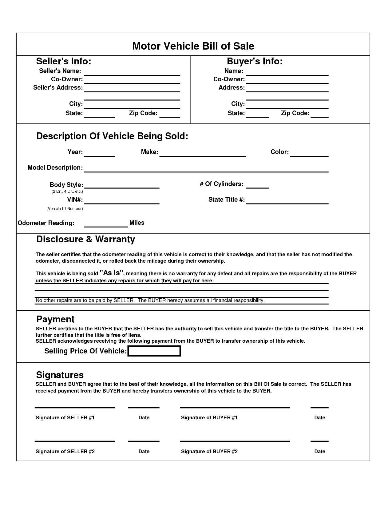 Texas Motor Vehicle Bill Sale Form Bill Of Sale Template 