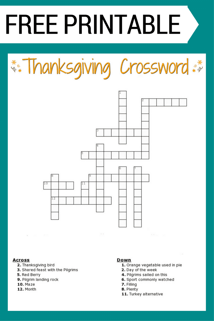 Thanksgiving Crossword Puzzle FREE Printable For Kids Or 