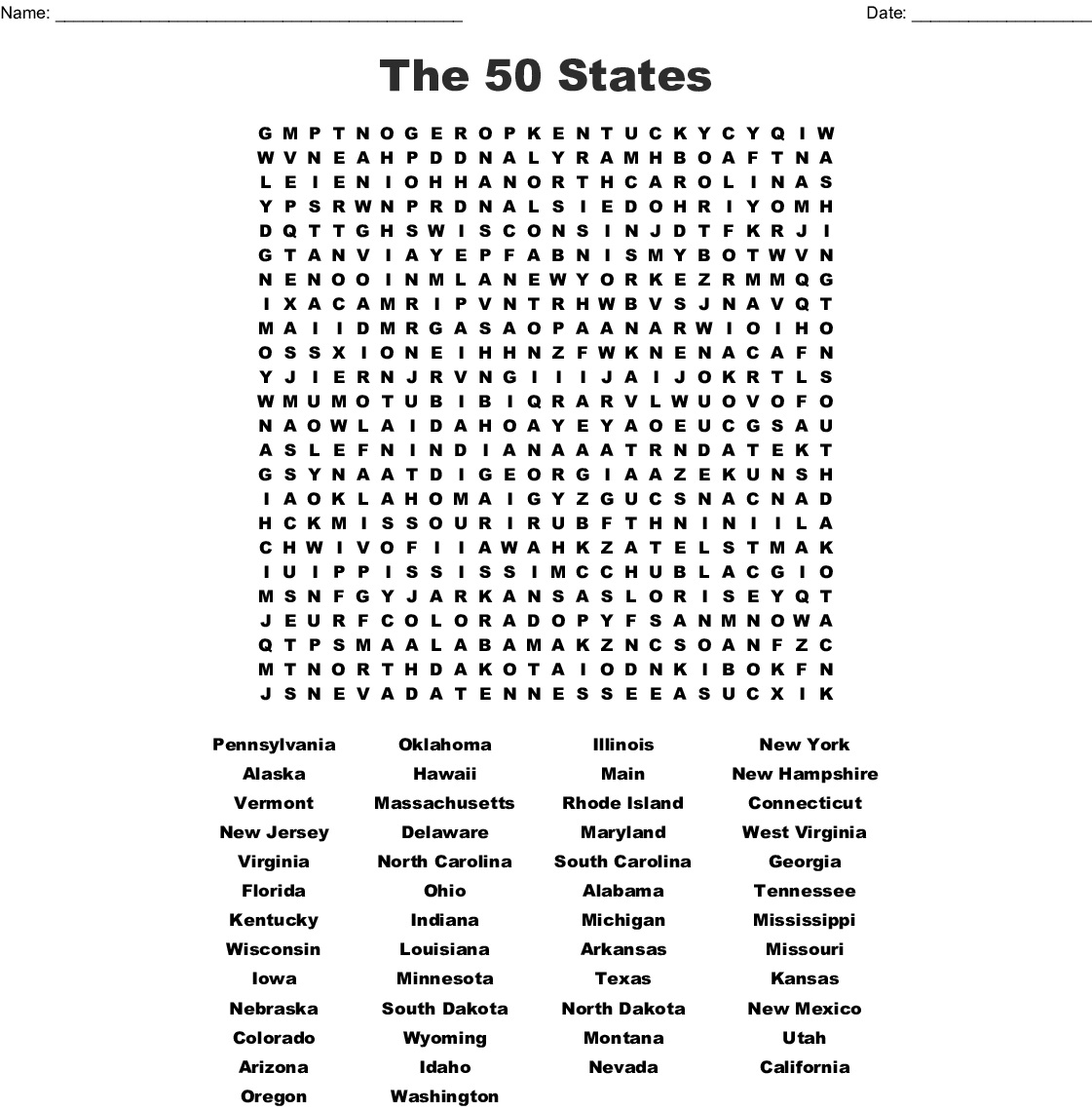 Printable Word Search 50 States FreePrintableTM