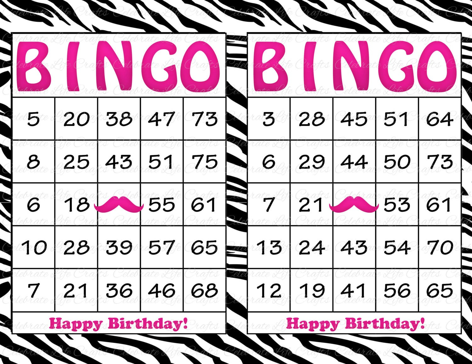 30 Hot Pink Zebra Mustache Birthday Printable Bingo Cards