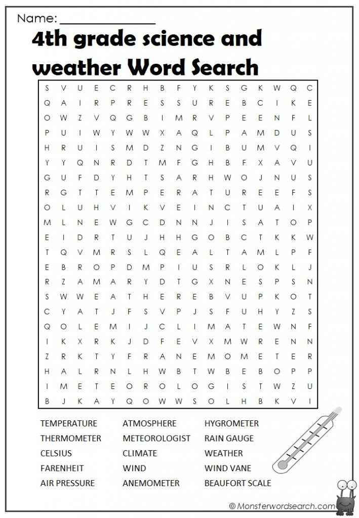 4th Grade Science And Weather Word Search Monster Word Search