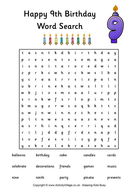 9th Birthday Word Search