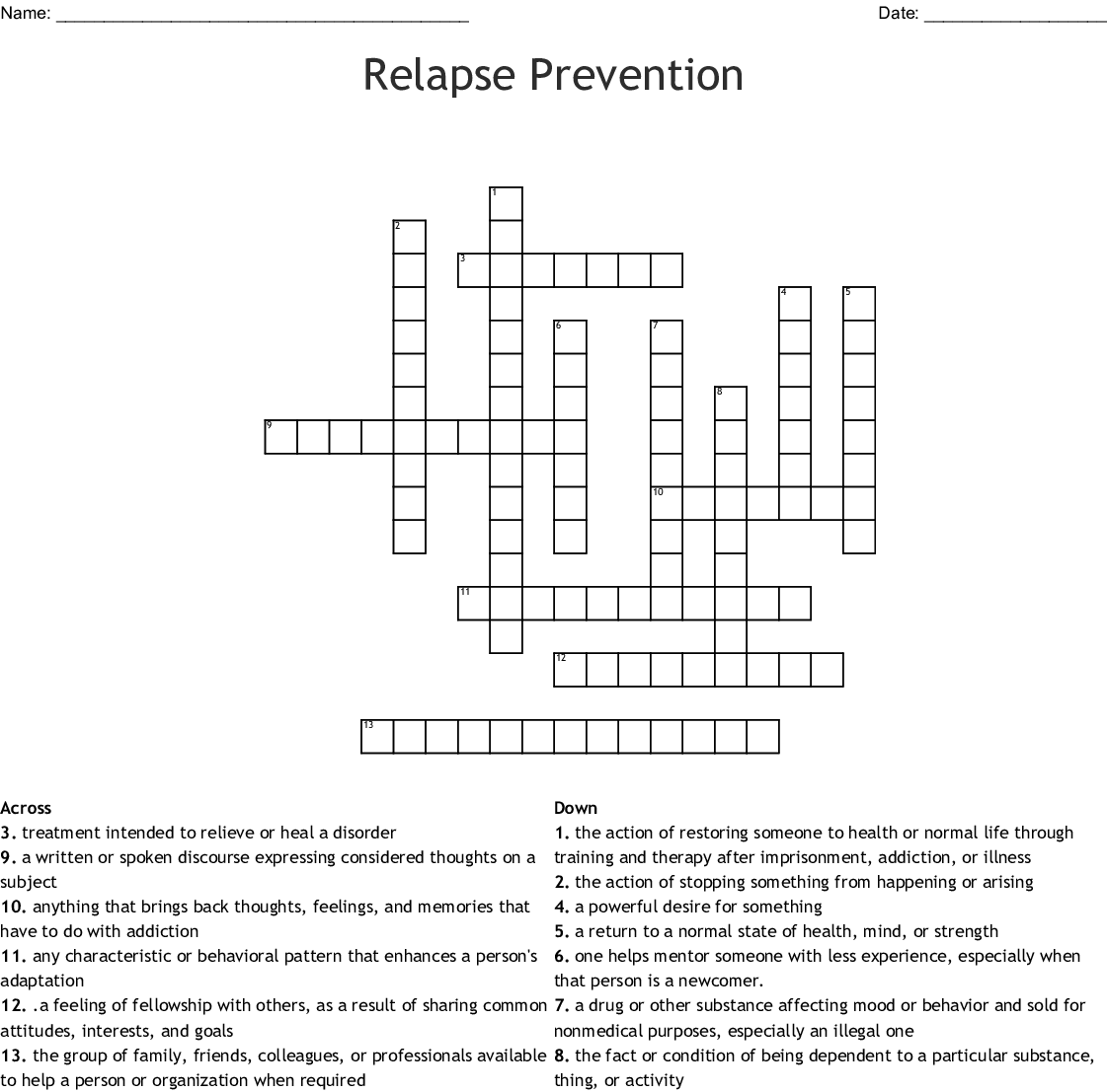 ADDICTION RECOVERY Crossword WordMint