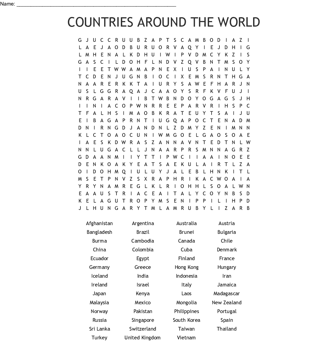 Printable Word Search Countries Of The World | FreePrintableTM.com
