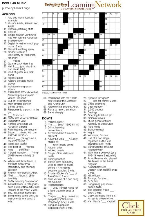 Crossword Puzzle Pop Music Printable Crossword Puzzles 