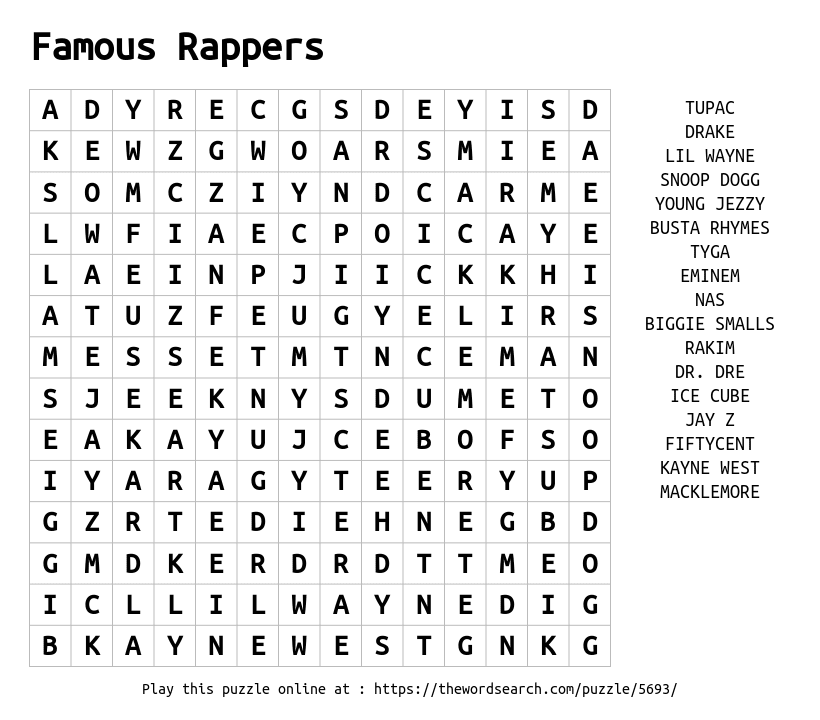 Download Word Search On Famous Rappers