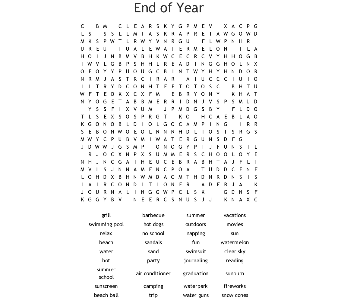 End Of The Year Word Search Printable FreePrintableTM