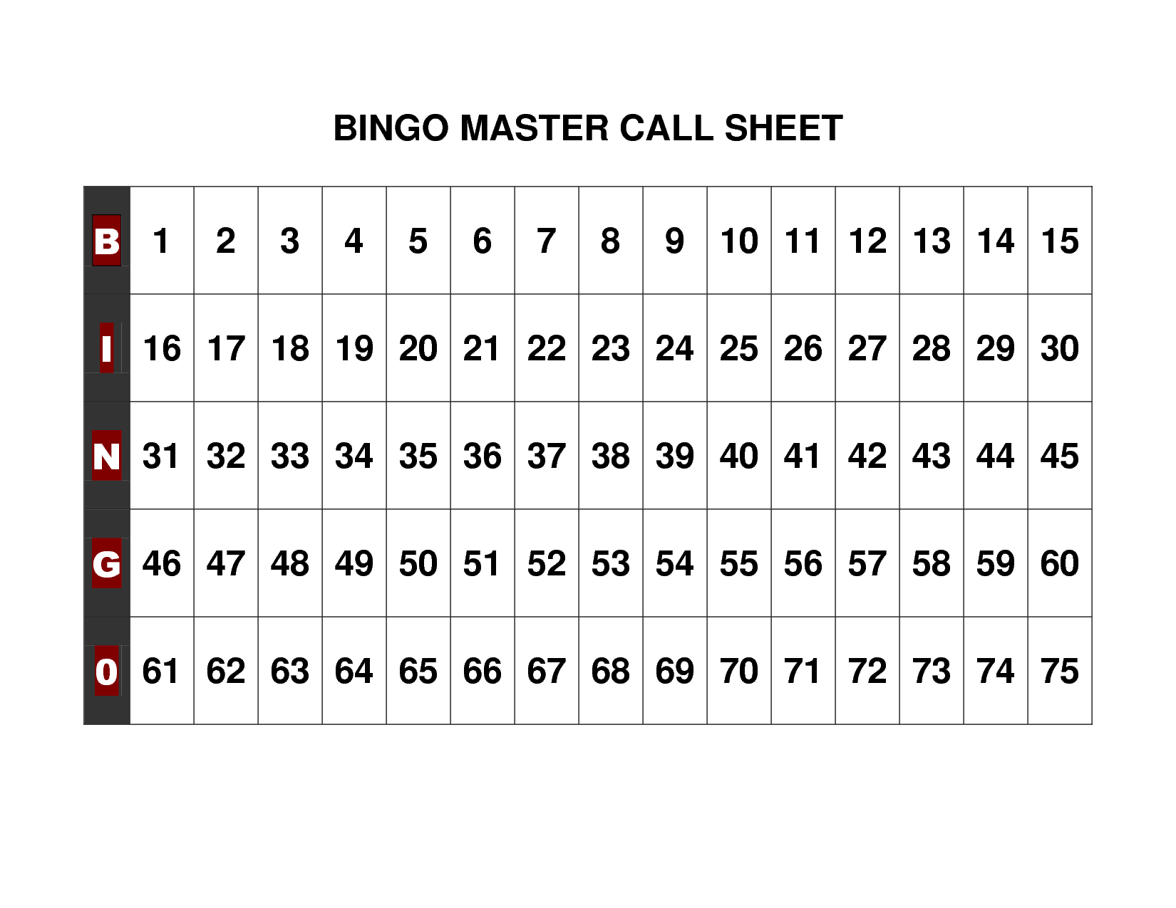 Free Printable Bingo Call Sheet Bingo Printable Bingo 