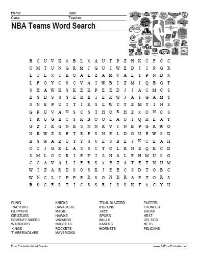 Free Printable NBA Teams Word Search Free Printable NBA 