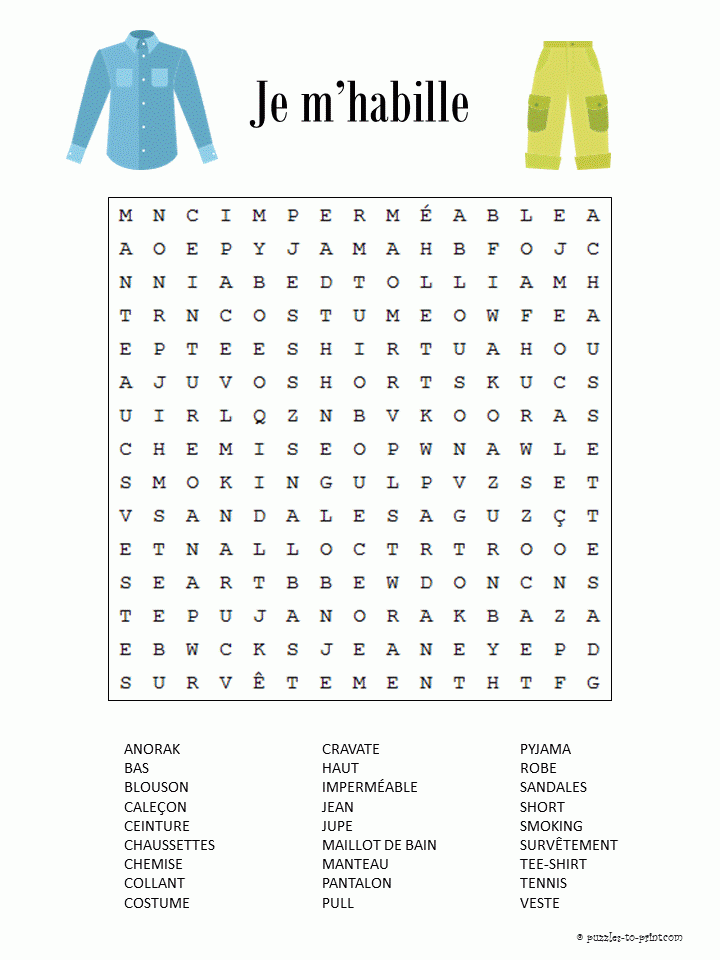 French Clothing Vocabulary Word Search Puzzle avec Images 