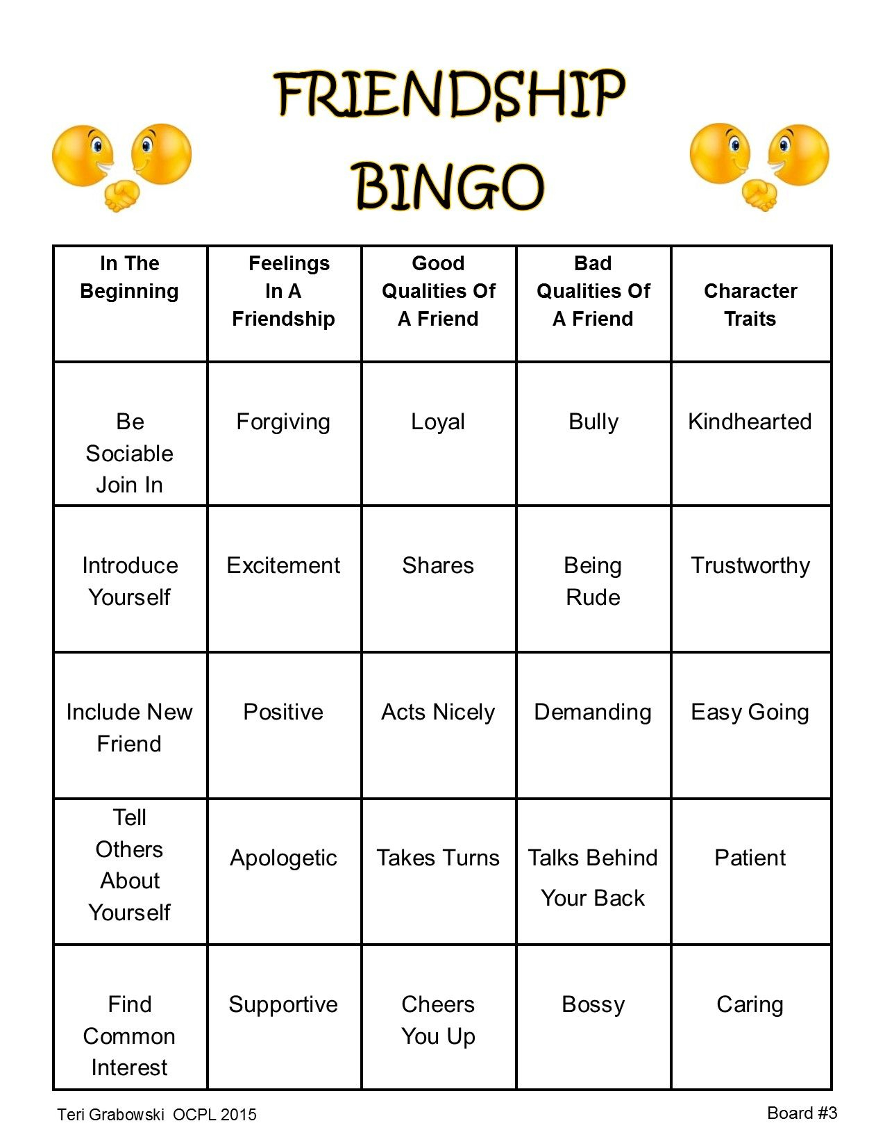 Friendship Bingo Card 3 Friendship Activities Teaching