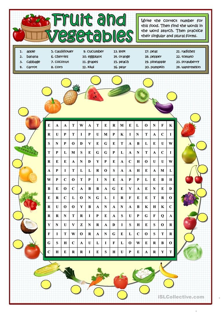 FRUIT AND VEGETABLES WORDSEARCH Worksheet Free ESL 