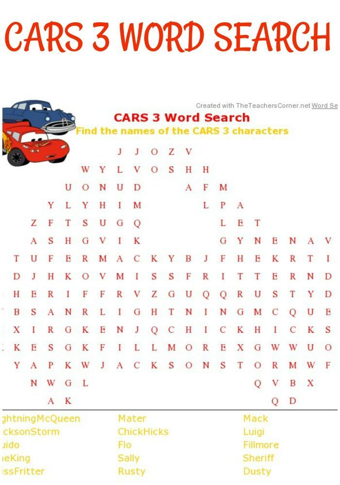 Have Fun With A Printable Cars 3 Word Search For Pixar 