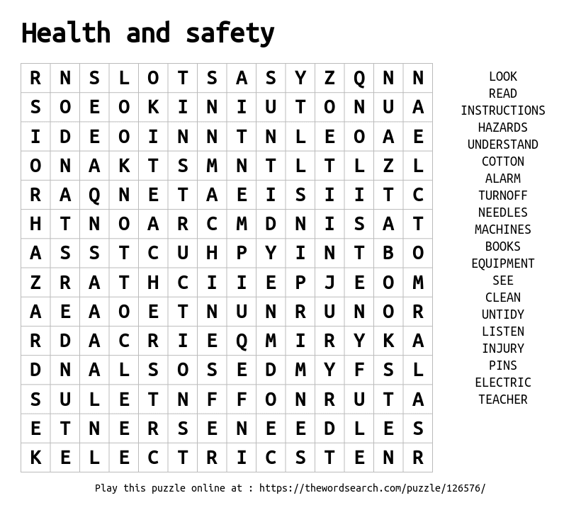 Health And Safety Word Search