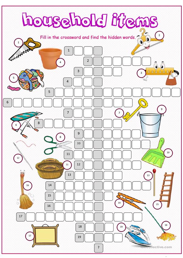 Household Items Crossword Puzzle Worksheet Free ESL 