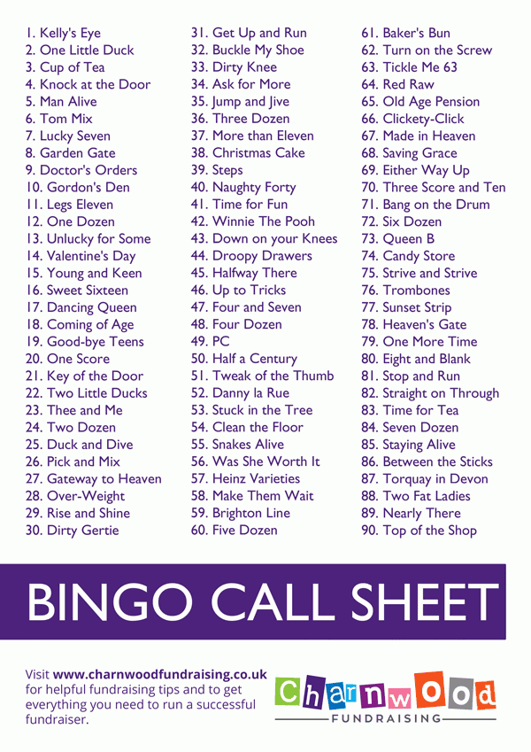 Image Result For Bingo Calling Sheet Bingo Calls Bingo