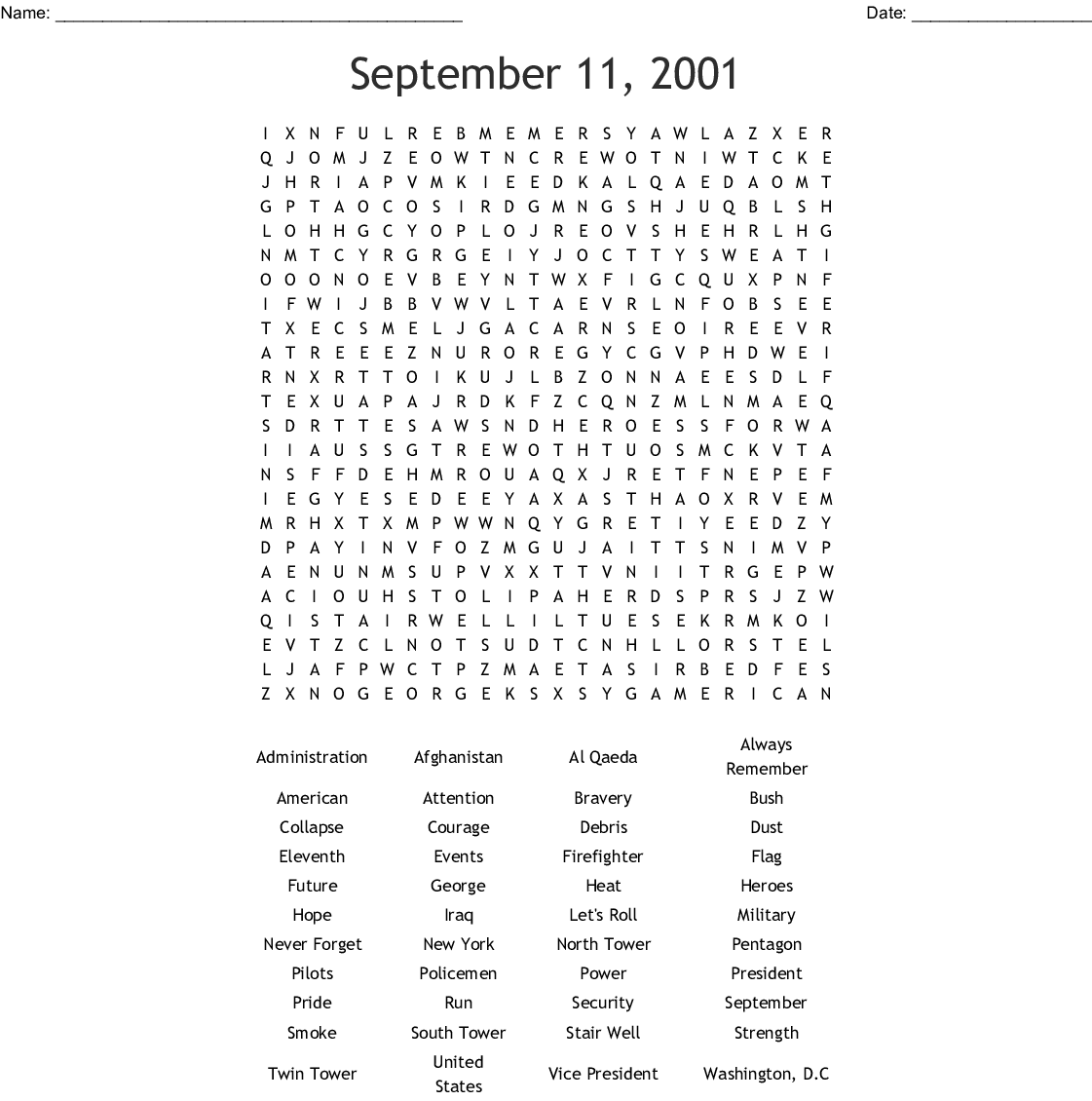 In Remembrance Of 9 11 Word Search WordMint