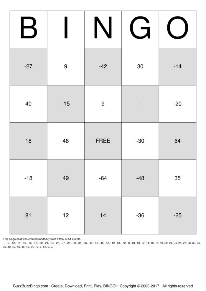 INTEGER BINGO Bingo Cards To Download Print And Customize 