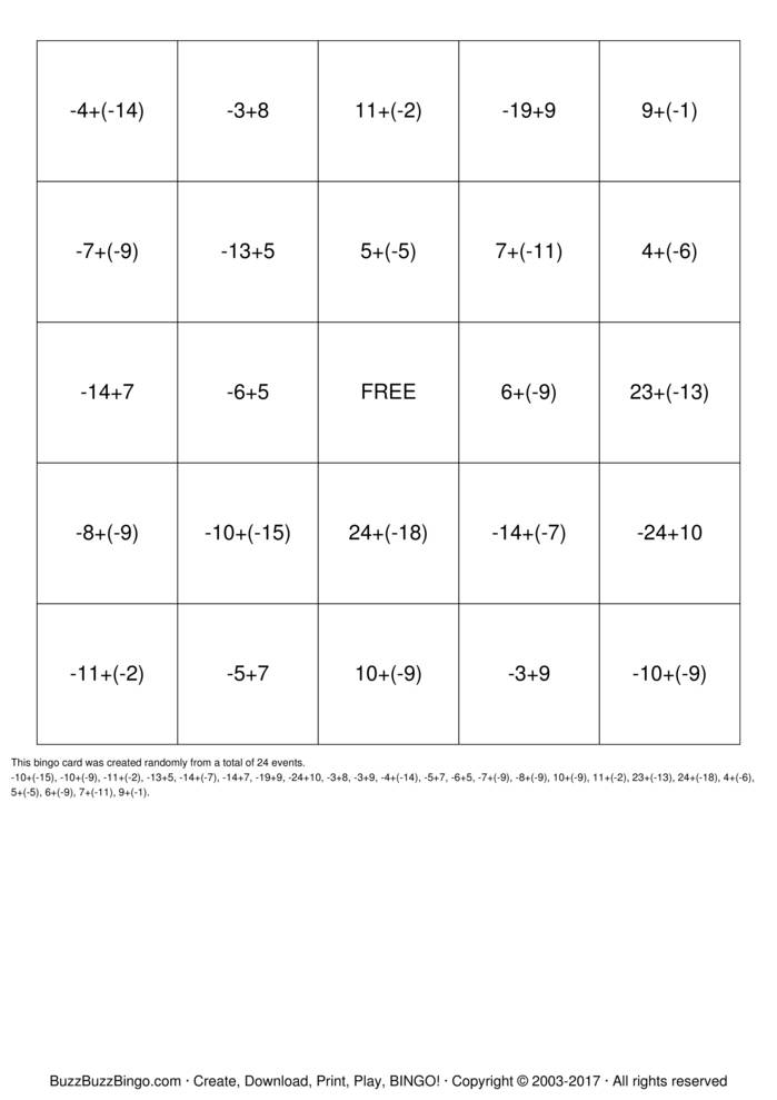 Integer Bingo Bingo Cards To Download Print And Customize 