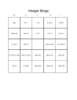 Integers Bingo By KeepCalmAndCurl Teachers Pay Teachers