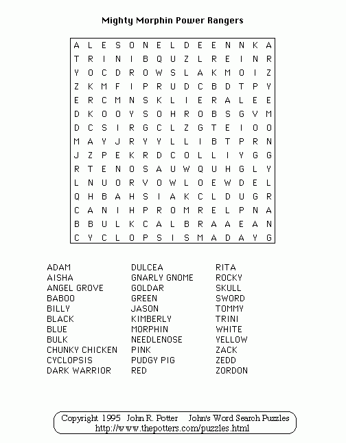 Power Rangers Printable Word Searches | FreePrintableTM.com