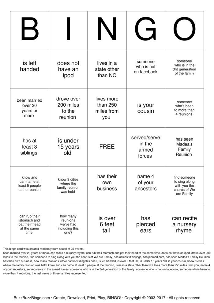 Lawrence Family Reunion Bingo Cards To Download Print And