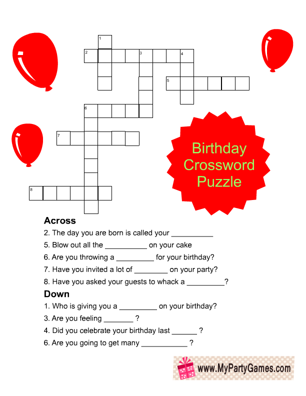 Printable Birthday Crossword Puzzle Game For Kids