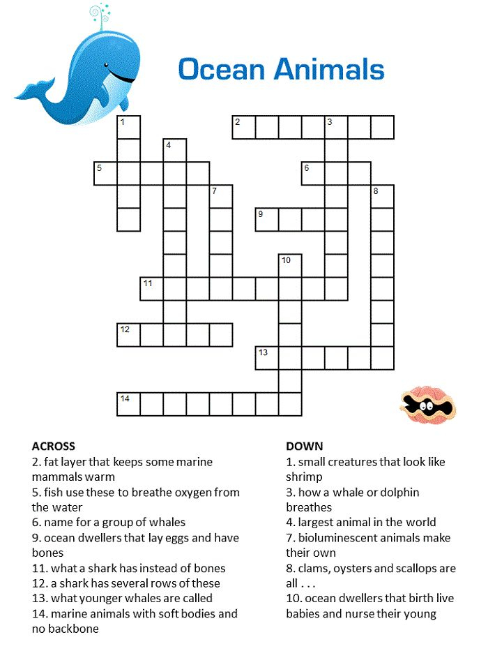 Printable Ocean Animals Crossword Puzzles For Kids K5 