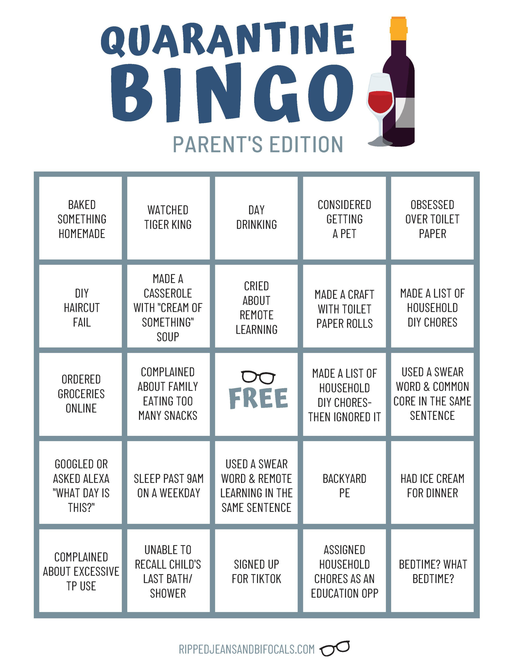 Quarantine Bingo Parenting Edition Ripped Jeans Bifocals