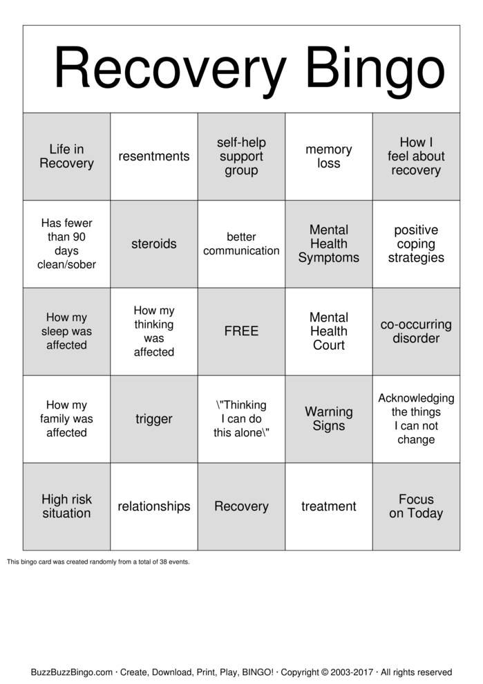 Recovery Bingo Cards To Download Print And Customize 