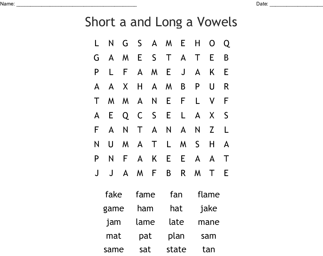 Printable Missing Vowel Word Search