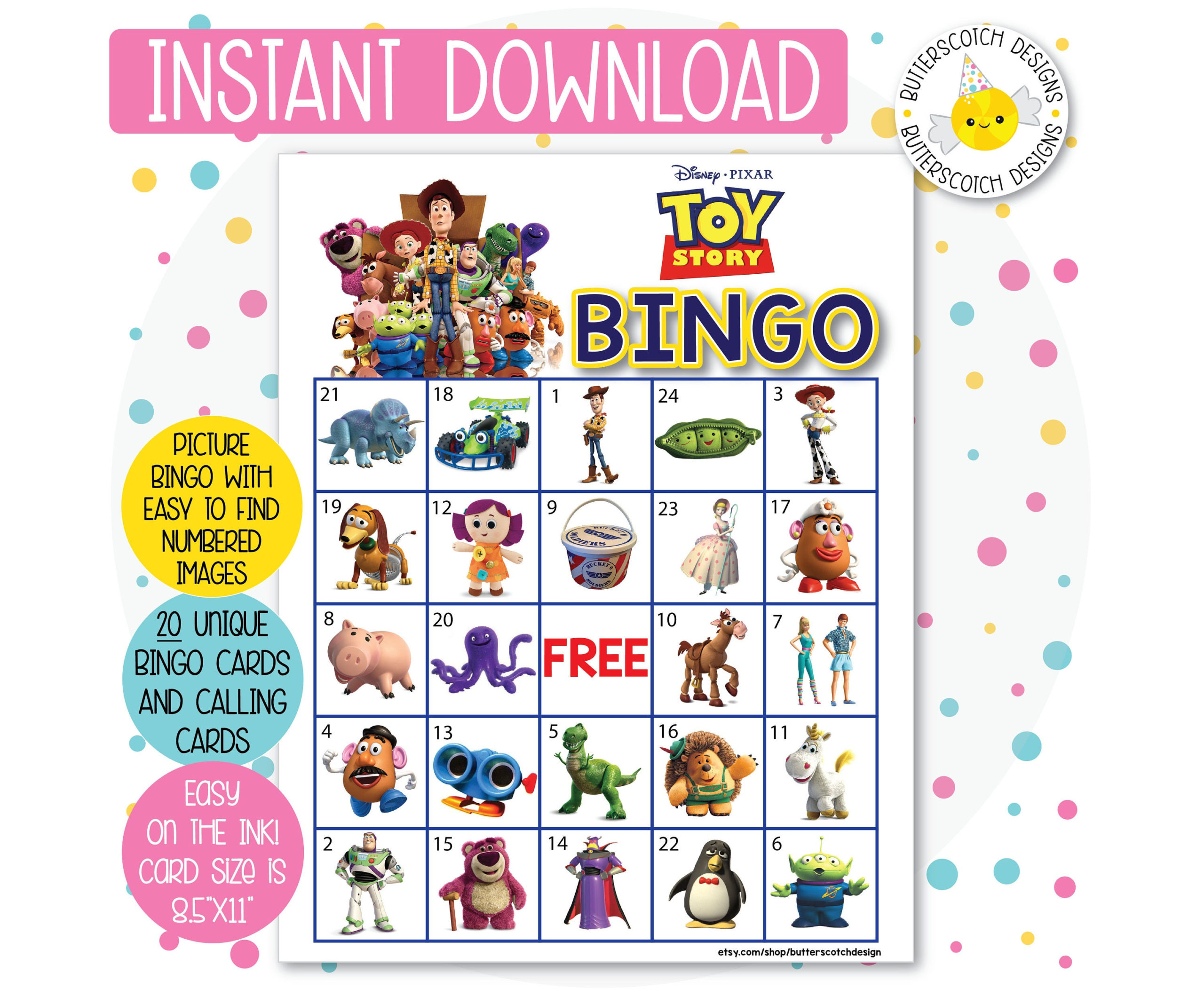 Toy Story Printable Bingo Cards 20 Different Cards Instant 