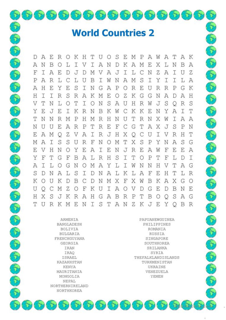 World Countries Wordsearch 2 Worksheet Free ESL | FreePrintableTM.com