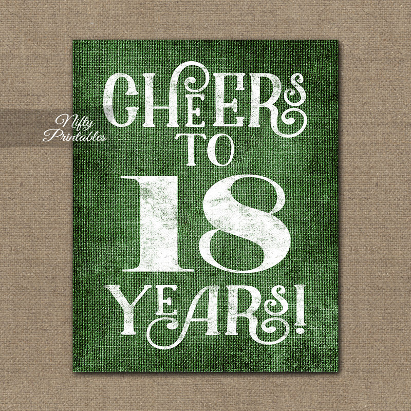 18th Birthday Sign Green Linen Nifty Printables