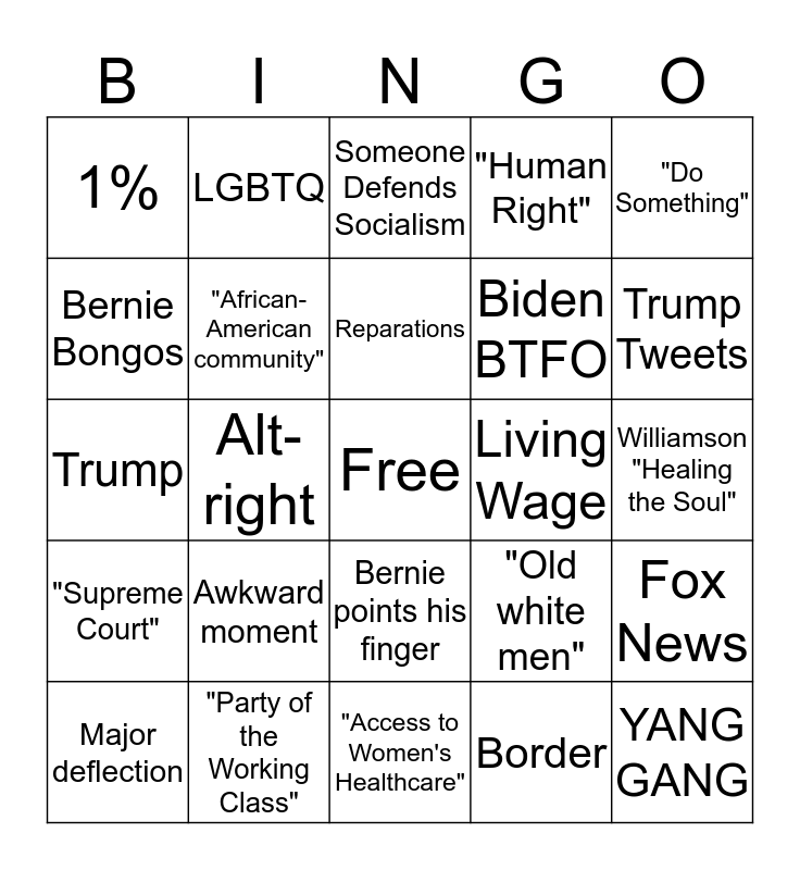 2020 Democratic Debate Bingo Card