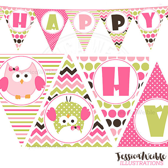 Birthday Girl Owl Printable Party Banner Printable Pink 