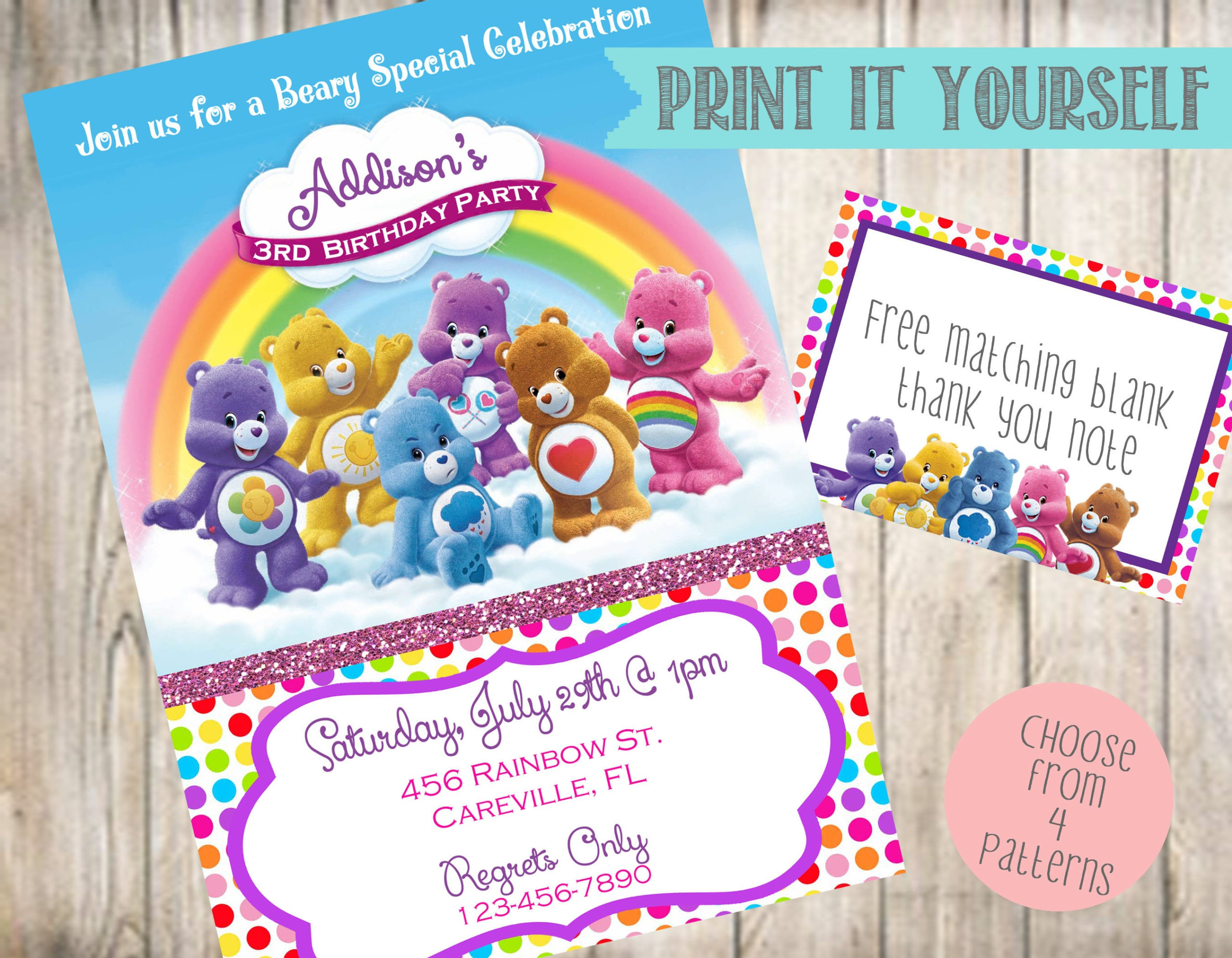 Care Bears Birthday Party Invitation Care Bears Invitation 