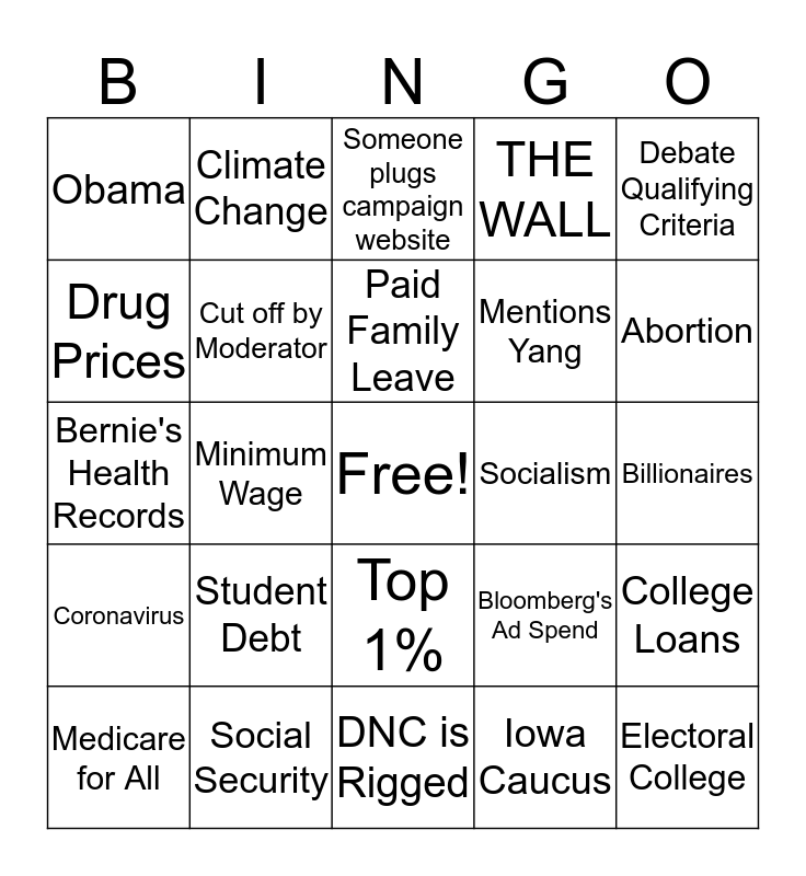 Democratic Nevada Debate 2020 Bingo Card