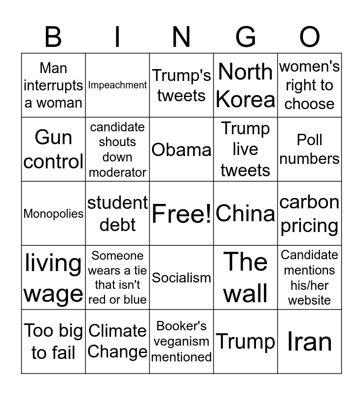 First Democratic Presidential Debate 2020 Bingo Card