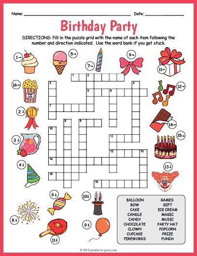 FREE Birthday Party Printable Birthday Crossword 