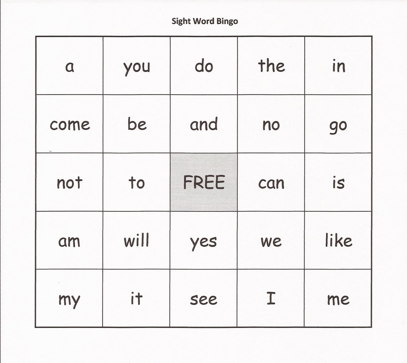 Sight Word Bingo Printable